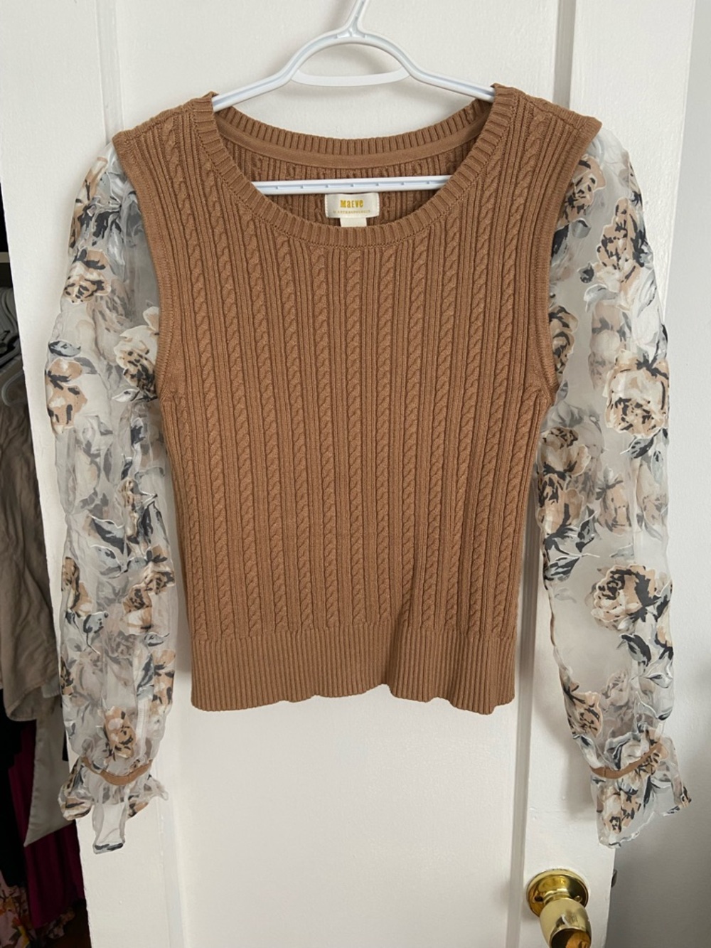 Anthropologie Camel Brown Knit Sweater with Sheer Floral Sleeves
